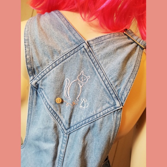 Vintage 90s Embroidered Cats Blue Denim Capri Overalls - Picture 4 of 10